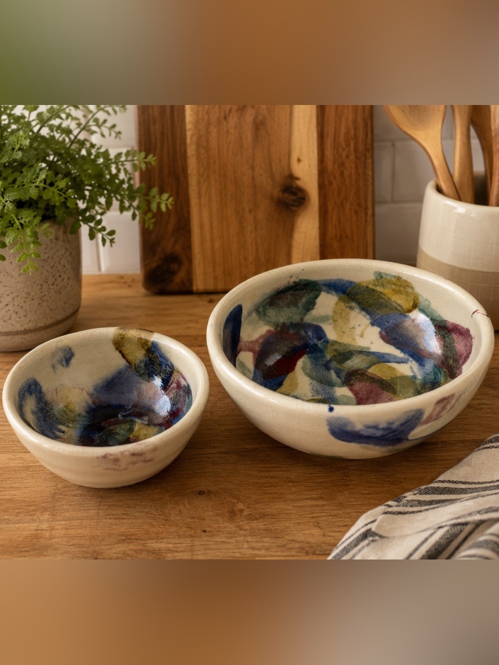 D.K. Clay Pottery of the Carolinas Artisan Studio Painted Pottery Bowls Set of 2